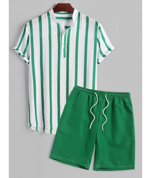 Men's Vertical Striped Button Placket St...