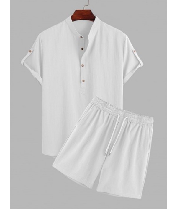 Half Button Roll Up Sleeves Popover Shir...