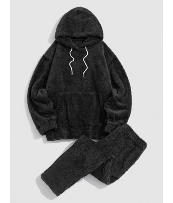 Solid Front Pocket Fluffy Fleece Hoodie ...