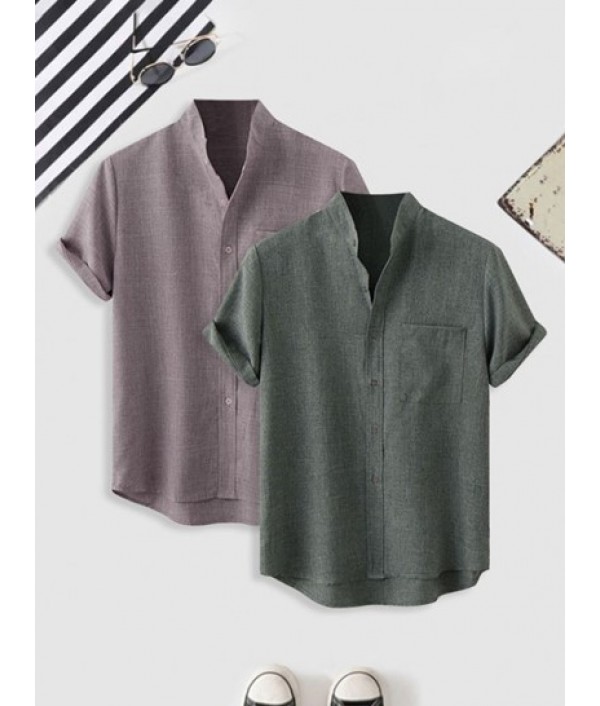 2Pcs Solid Color Stand Collar Short Slee...