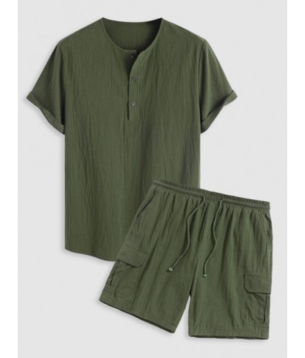 Men's Cotton And Linen Textured Half But...