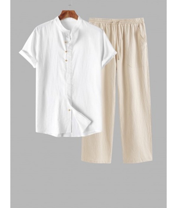 Men's Stand Collar Solid Color Buttons S...