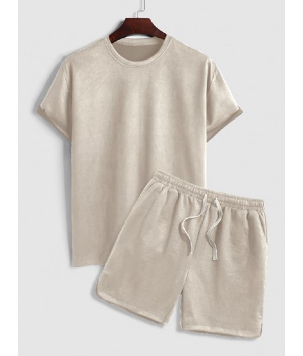 Faux Suede Short Sleeves T-shirt And Sho...
