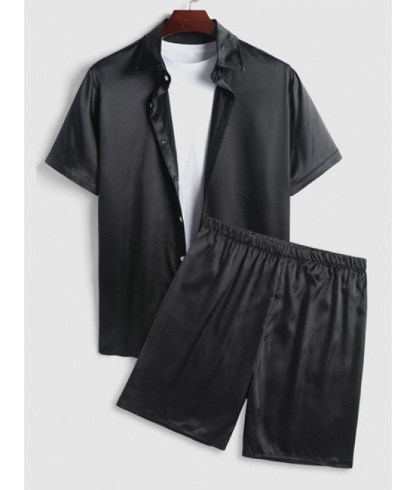 Solid Color Silky Satin Short Sleeves Sh...