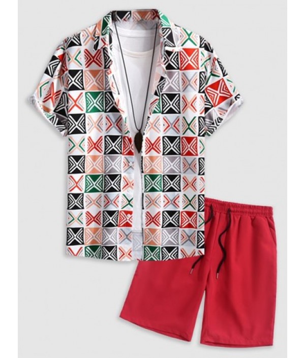 Men's Geometric Print Colorblock Casual ...