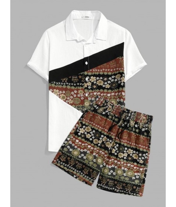 Floral Shirt And Drawstring Pockets Shor...