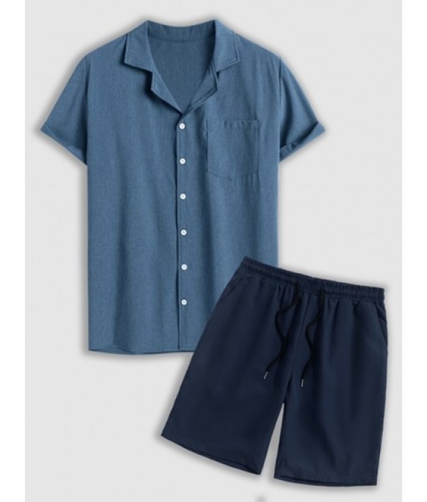 Men's Lapel Collar Short Sleeves Front P...