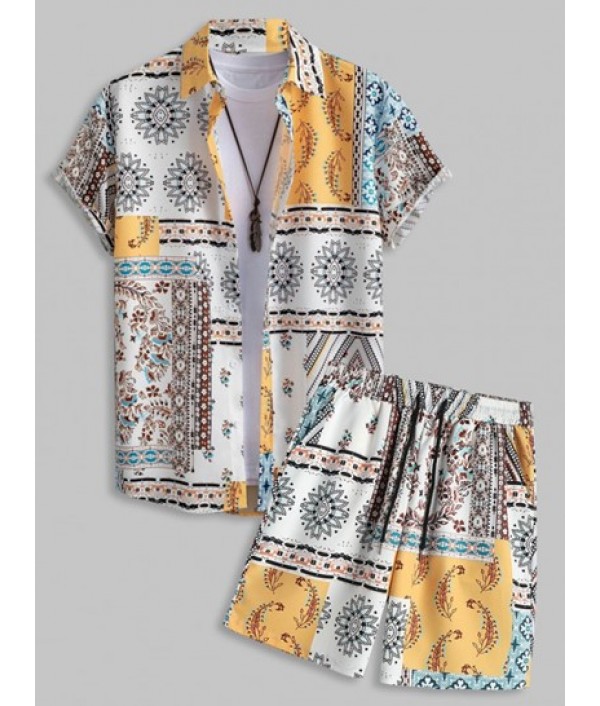 Men's Short Sleeves Retro Floral Print P...