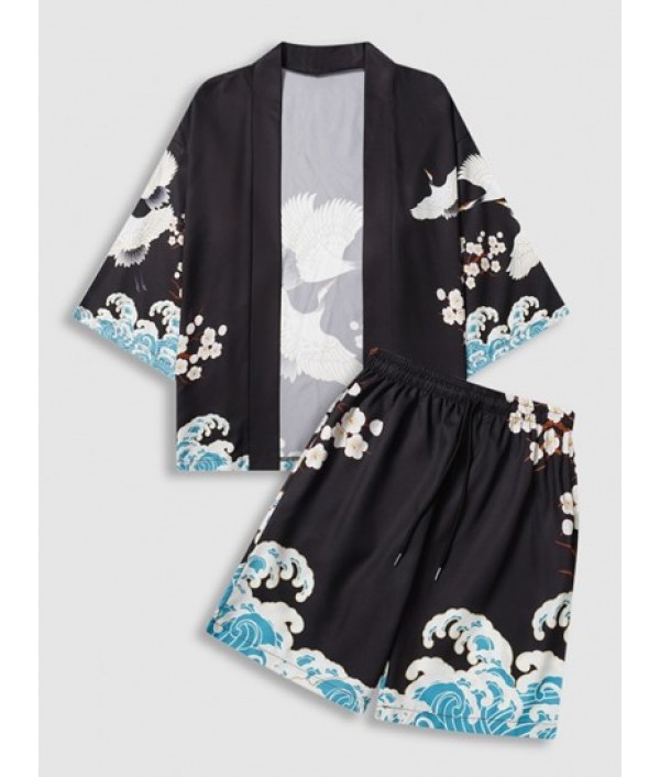 Sea Waves And Flower Print Kimono With S...