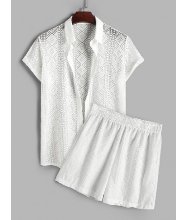 Geometric Pattern Sheer Openwork Shorts ...