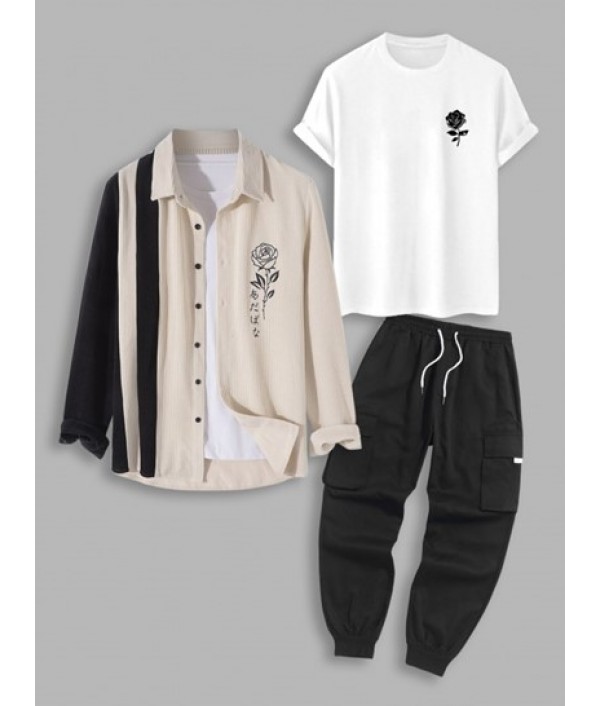 3Pcs Winter Outfits Colorblock Rose Embr...