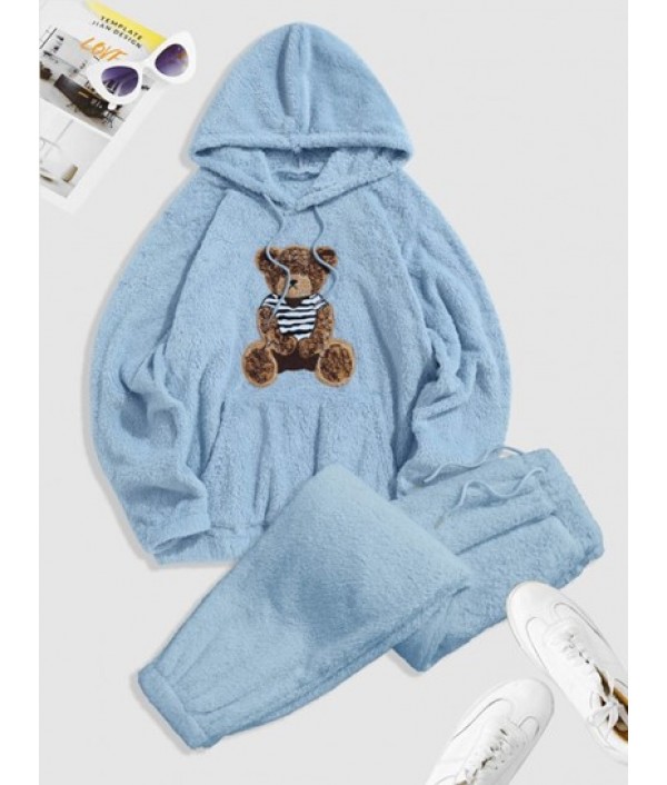 Bear Pattern Pullover Fluffy Teddy Hoodi...