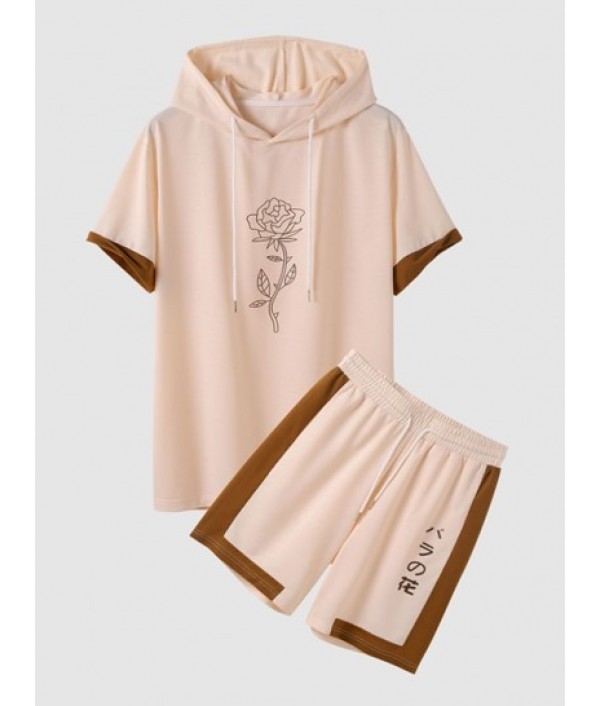 Color Spliced Rose Printed Hooded T-shir...