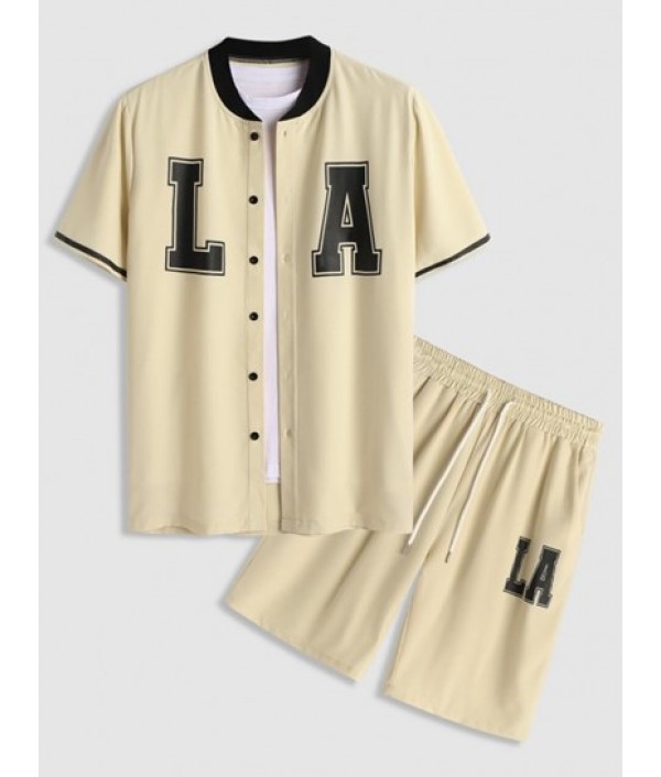 LA Print Stand Collar Short Sleeve Shirt...