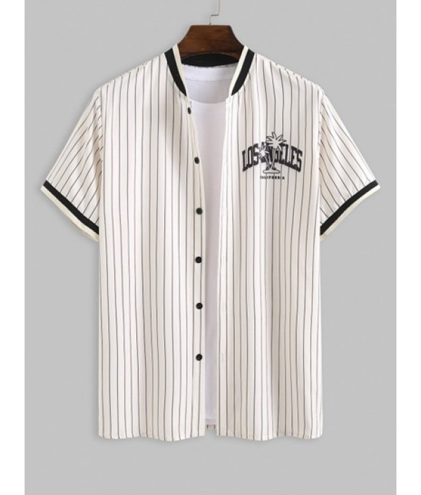 Men's Vertical Stripes LOS ANGELES Letter Coconut Tree Pattern Short Sleeves Button Front Baseball Shirt And Drawstring Board Shorts Vacation Hawaiian Beach Set