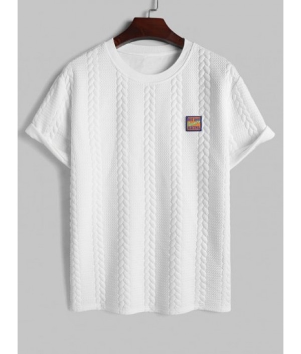 Men's Patched Design Bubble Twisted Striped Jacquard Crew Neck Short Sleeves T-shirt And Drawstring Sports Casual Shorts Set Men's Patched Design Bubble Twisted Striped Jacquard Crew Neck Short Sleeves T-shirt And Drawstring Sports Casual Shorts Set