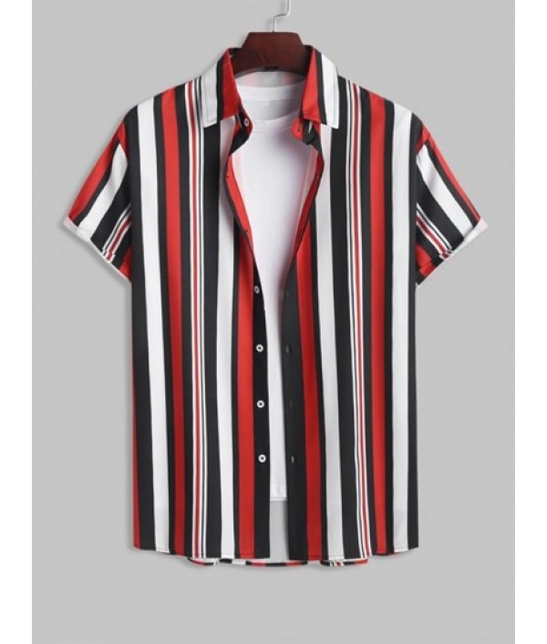 Men's Casaul Colorblock Vertical Striped Pattern Button Front Short Sleeves Beach Shirt And Basic Casual Shorts Set Men's Casaul Colorblock Vertical Striped Pattern Button Front Short Sleeves Beach Shirt And Basic Casual Shorts Set
