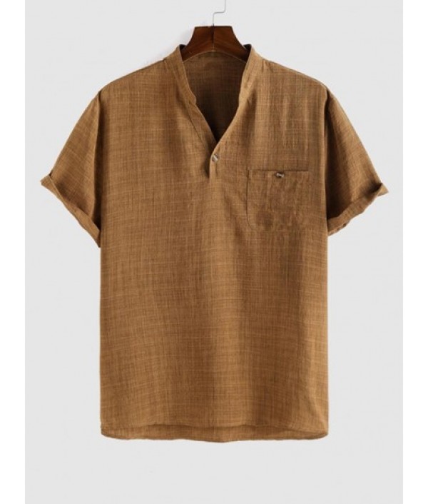 Men's Casual Plain Color Front Pocket Notch Neck Short Sleeves Pullover Shirt And Beading Drawstring Vertical Striped Vacation Ramie Pants Set Men's Casual Plain Color Front Pocket Notch Neck Short Sleeves Pullover Shirt And Beading Drawstring Vertical Striped Vacation Ramie Pants Set