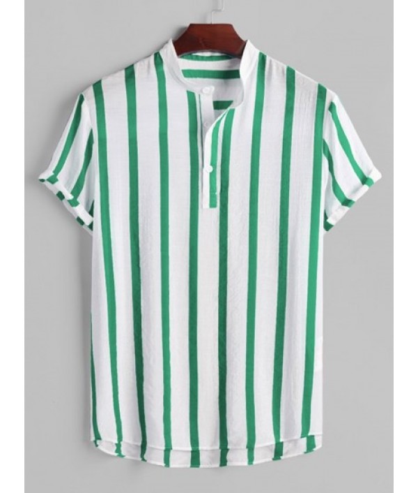 Men's Vertical Striped Button Placket Stand Collar Popover Shirt And Solid Color Basic Casual Drawstring Shorts Set Men's Vertical Striped Button Placket Stand Collar Popover Shirt And Solid Color Basic Casual Drawstring Shorts Set