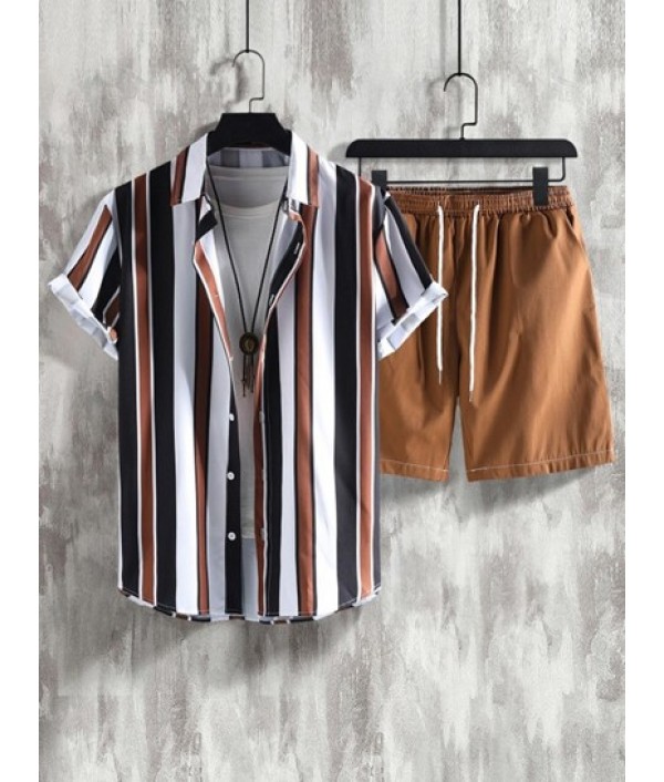 Men's Daily Casual Mix And Match Two Piece Set Vertical Stripes Button Up Short Sleeve Shirt With Drawstring Bermuda Shorts Set