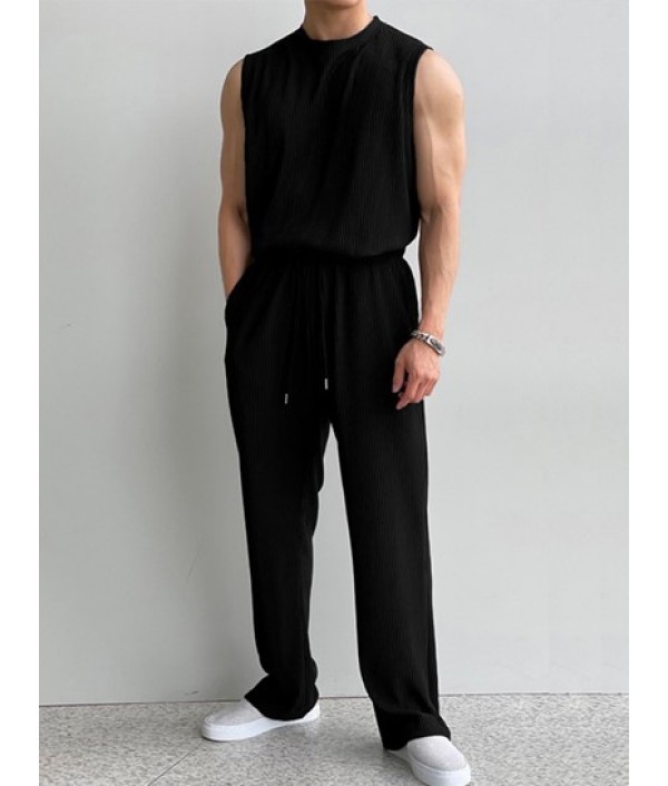 Men's Casual Basic Two Piece Set Solid Color Crew Neck Ribbed Textured Plain Tank Top Sleeveless T Shirt Drawstring Pants Set Men's Casual Basic Two Piece Set Solid Color Crew Neck Ribbed Textured Plain Tank Top Sleeveless T Shirt Drawstring Pants Set