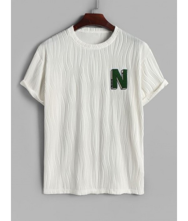 Men's Wave Jacquard Textured Fluffy Letter Applique Short Sleeves T Shirt And Knitted Sports Casual Drawstring Shorts Set Men's Wave Jacquard Textured Fluffy Letter Applique Short Sleeves T Shirt And Knitted Sports Casual Drawstring Shorts Set