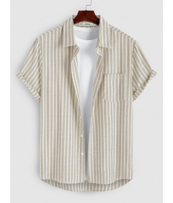 Striped Pattern Short Sleeves Casual Shirt And Drawstring Shorts Set