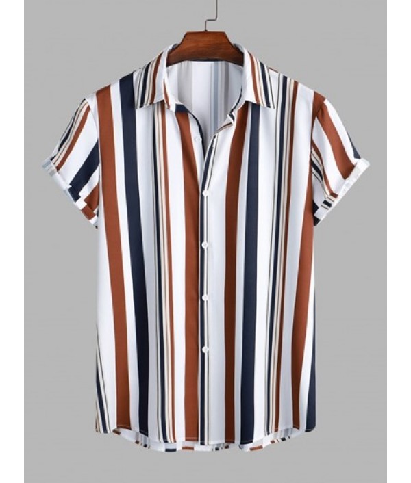 Vertical Mixed Stripes Button Up Shirt And Basic Casual Shorts Set Vertical Mixed Stripes Button Up Shirt And Basic Casual Shorts Set