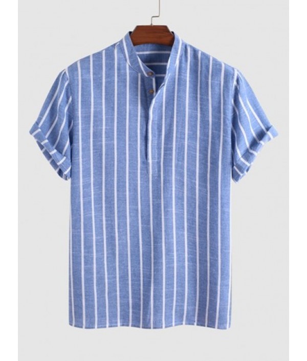 Men's Half Buttoned Casual Vertical Striped Office Pullover Shirt And Basic Casual Shorts Set Men's Half Buttoned Casual Vertical Striped Office Pullover Shirt And Basic Casual Shorts Set