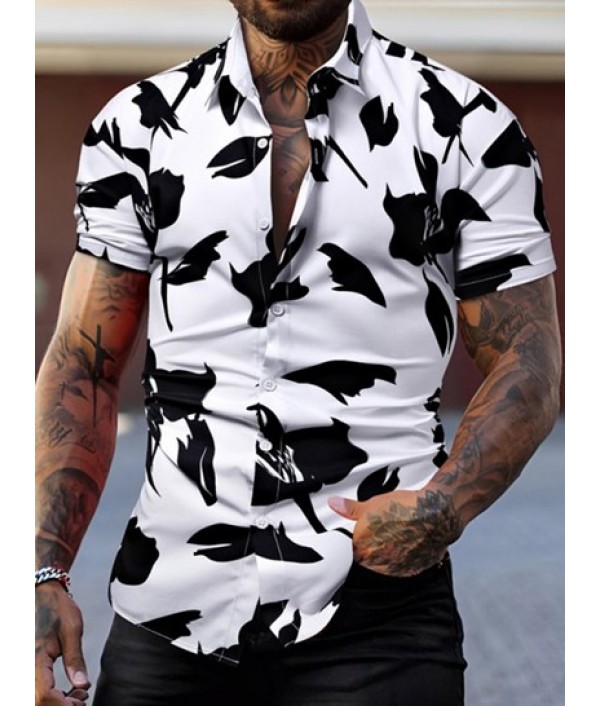 Men's Summer Beach Monochrome Floral Print Button Up Short Sleeve Shirt And Solid Color Basic Casual Bermuda Shorts Vacation Set Men's Summer Beach Monochrome Floral Print Button Up Short Sleeve Shirt And Solid Color Basic Casual Bermuda Shorts Vacation Set