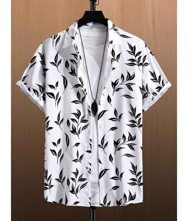 Men's Beach Monochrome Leaf Print Button Up Short Sleeve Shirt And Solid Color Basic Casual Bermuda Shorts Vacation Set Men's Beach Monochrome Leaf Print Button Up Short Sleeve Shirt And Solid Color Basic Casual Bermuda Shorts Vacation Set