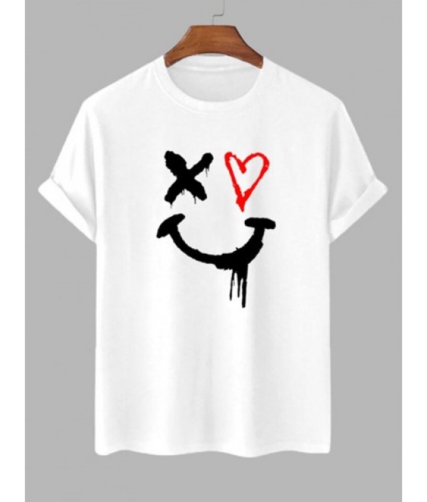 Men's Short Sleeves Cotton Heart Drippy Smile Face T Shirt And Solid Color Basic Casual Bermuda Shorts Set