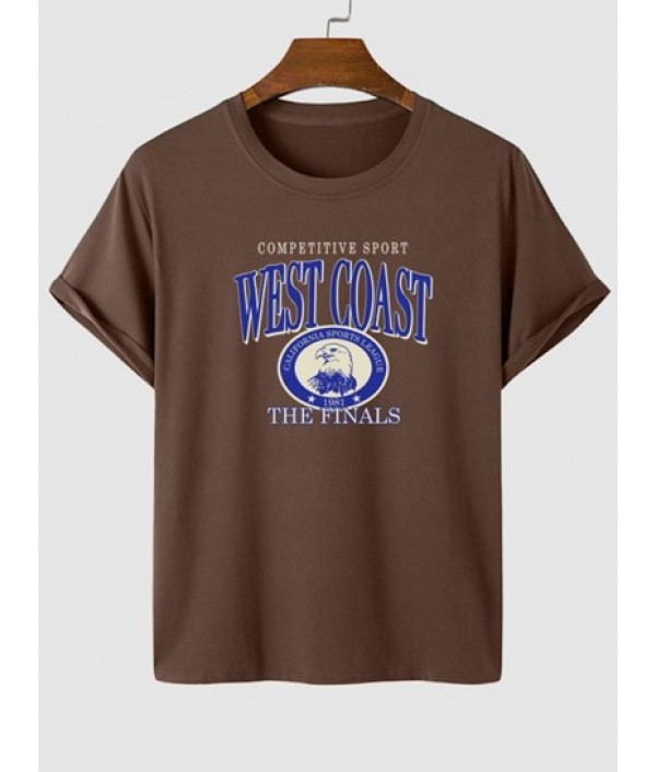 Men's Casual Streetwear Letter WEST COAST Eagle Badge Graphic Printed Short Sleeves T-shirt And Multi-pocket Design Cotton And Linen Textured Cargo Shorts Set Men's Casual Streetwear Letter WEST COAST Eagle Badge Graphic Printed Short Sleeves T-shirt And Multi-pocket Design Cotton And Linen Textured Cargo Shorts Set