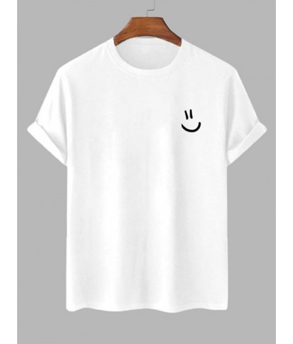 Men's Cartoon Smile Face Printed Basic Short Sleeve Crew Neck 100% Cotton Summer T-shirt And Drawstring Sweat Shorts Sports Set