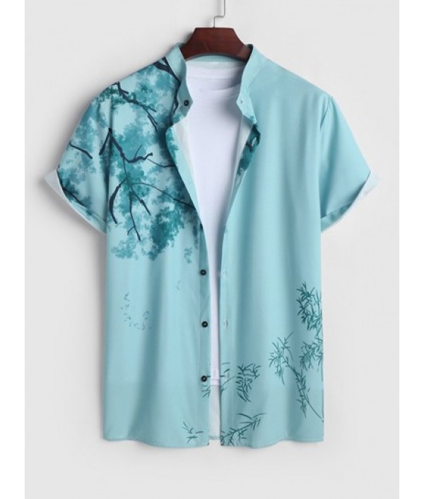 Men's Chinese Ink Wash Painting Plant Pattern Button Front Short Sleeves Shirt And Label Design Solid Color Drawstring Shorts Set Men's Chinese Ink Wash Painting Plant Pattern Button Front Short Sleeves Shirt And Label Design Solid Color Drawstring Shorts Set