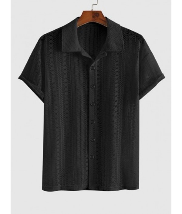 Men's Sexy Lace Sheer Openwork Short Sleeves Button Front Shirt And Basic Solid Color Drawstring Sweat Shorts Set Men's Sexy Lace Sheer Openwork Short Sleeves Button Front Shirt And Basic Solid Color Drawstring Sweat Shorts Set