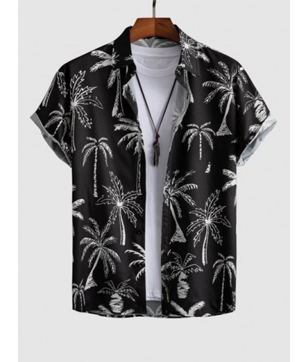 Men's Short Sleeves Palm Tropical Print Beach Vacation Shirt And Solid Color Basic Casual Bermuda Shorts Set Men's Short Sleeves Palm Tropical Print Beach Vacation Shirt And Solid Color Basic Casual Bermuda Shorts Set