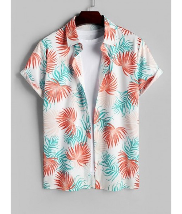 Tropical Leaves Pattern Short Sleeves Shirt And Solid Color Board Shorts Hawaiian Set