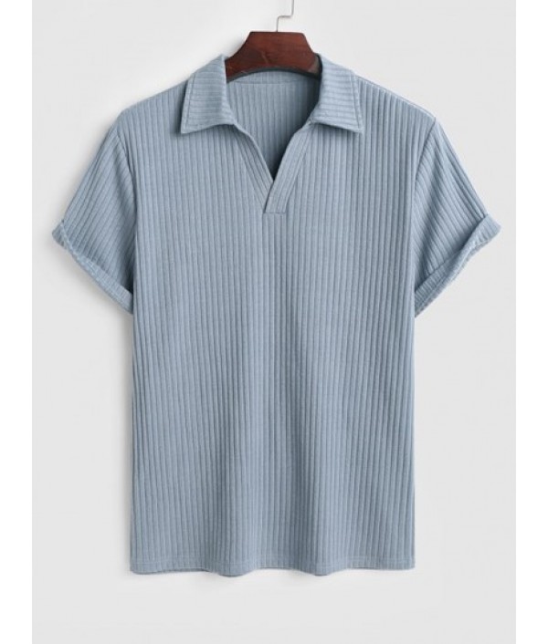 Men's Basic Minimalist Solid Color Ribbed Textured Turndown Collar Pullover Short Sleeves T-shirt And Drawstring Shorts Set Men's Basic Minimalist Solid Color Ribbed Textured Turndown Collar Pullover Short Sleeves T-shirt And Drawstring Shorts Set