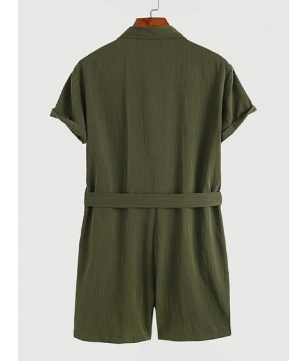 Men's Solid Color Double Front Pockets Design Zip Up Turndown Collar Tie Up Rompers Men's Solid Color Double Front Pockets Design Zip Up Turndown Collar Tie Up Rompers
