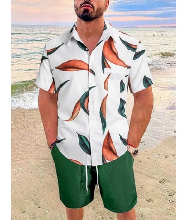 Men's Leaves Pattern Button Front Short Sleeves Shirt And Solid Color Drawstring Bermuda Shorts Vacation Beach Set Men's Leaves Pattern Button Front Short Sleeves Shirt And Solid Color Drawstring Bermuda Shorts Vacation Beach Set