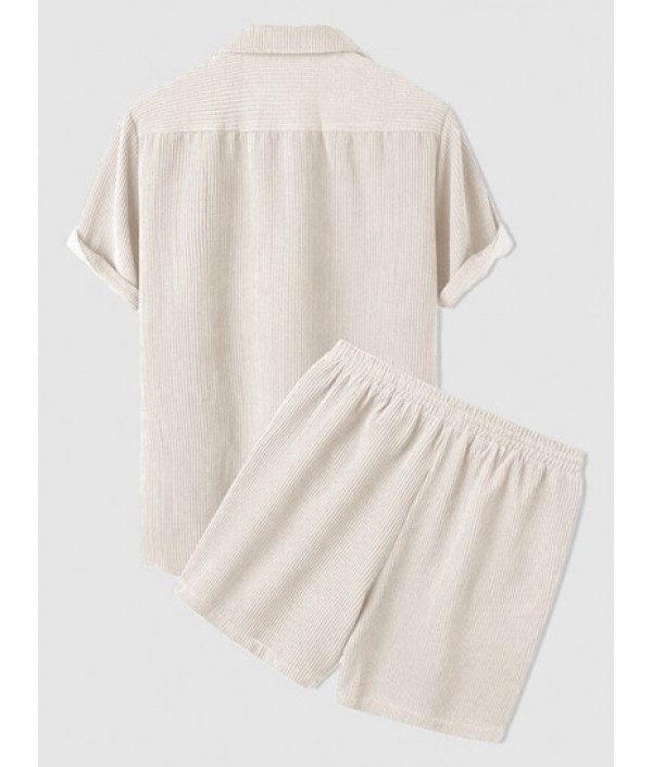 Men's Corduroy Casual Lapel Collar Solid Color Button Summer Short Sleeves Shirt And Shorts Set