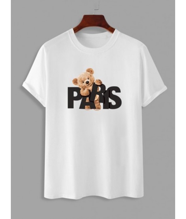 Men's PARIS Cartoon Bear Pattern Short Sleeves Crew Neck T-shirt With Solid Color Basic Shorts Set Men's PARIS Cartoon Bear Pattern Short Sleeves Crew Neck T-shirt With Solid Color Basic Shorts Set