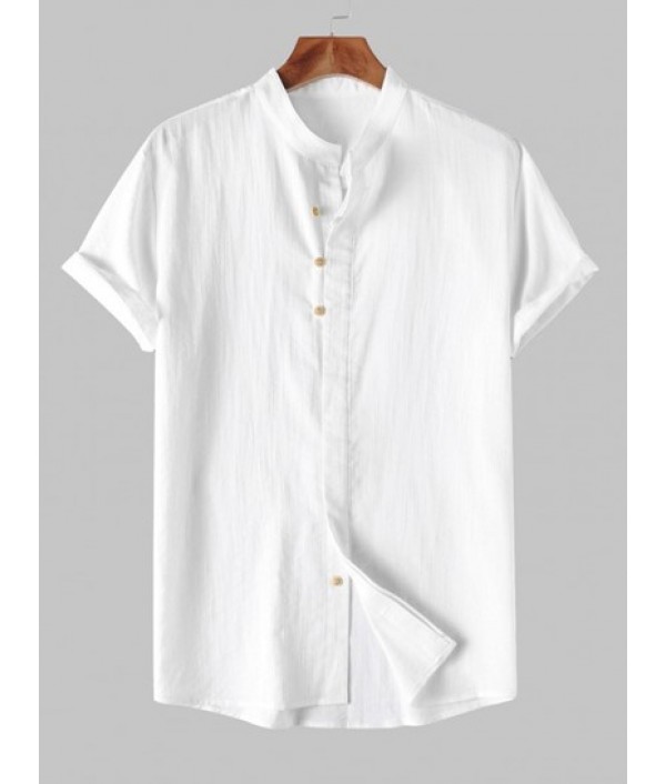 Men's Stand Collar Solid Color Buttons Short Sleeves High Low Casual Shirt And Basic Drawstring Linen Pants Set