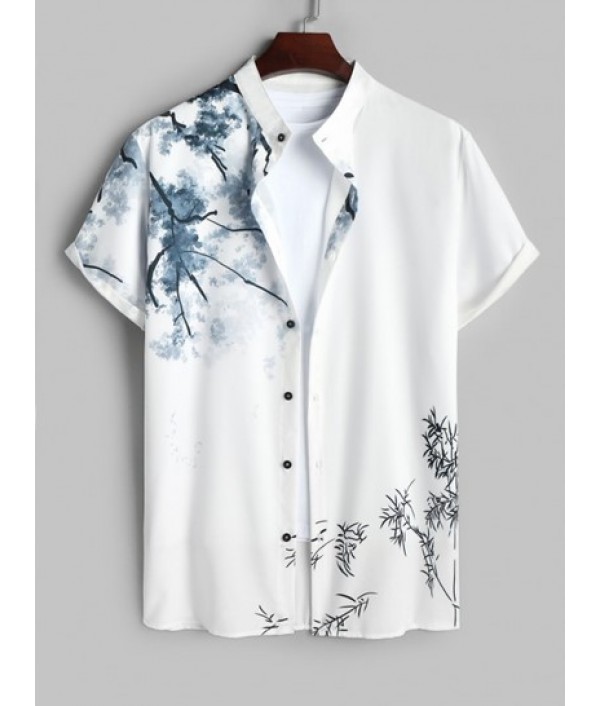 Men's Chinese Ink Wash Painting Plant Pattern Button Front Short Sleeves Shirt With Solid Color Basic Casual Shorts Set