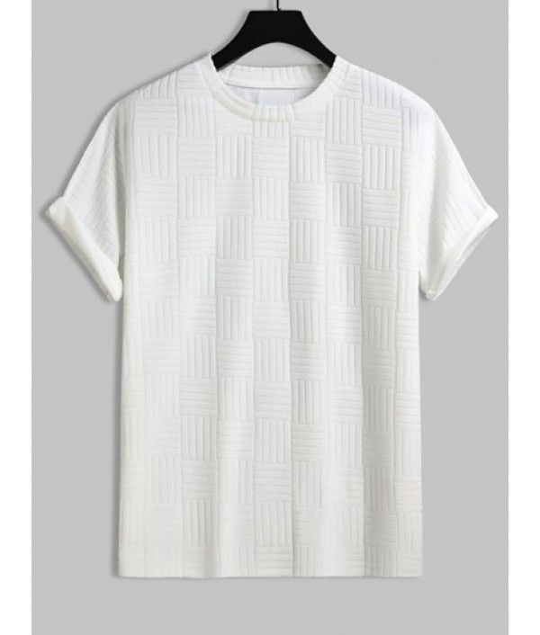 Men's Jacquard Towel Cloth Textured Short Sleeves T-shirt And Plaid Pattern Zip Fly Casual Pants Set