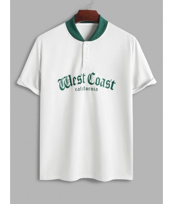 Men's West Coast California Letter Printed Stand Collar College Style Short Sleeves T-shirt And Solid Color Drawstring Basic Casual Bermuda Shorts Set Men's West Coast California Letter Printed Stand Collar College Style Short Sleeves T-shirt And Solid Color Drawstring Basic Casual Bermuda Shorts Set