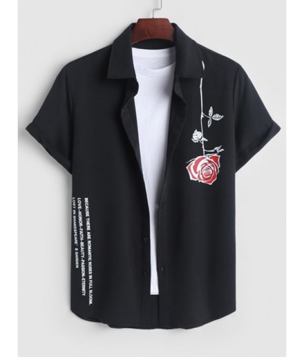 Men's Daily Two Piece Set Slogan Rose Pattern Short Sleeves Shirt With Solid Color Basic Casual Shorts Set Men's Daily Two Piece Set Slogan Rose Pattern Short Sleeves Shirt With Solid Color Basic Casual Shorts Set