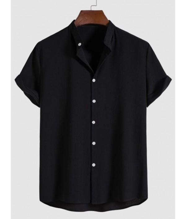 Solid Color Stand Collar Short Sleeves Shirt And Casual Shorts Set