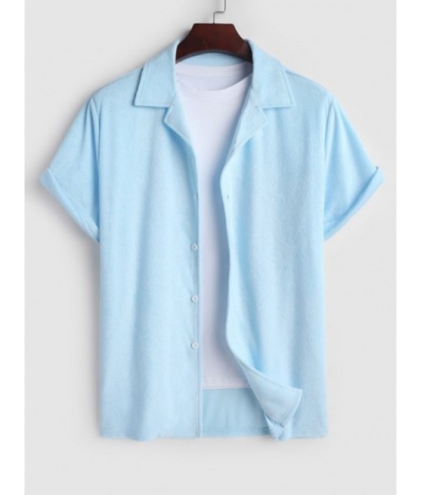 Men's Solid Color Lapel Collar Terry Cloth Button Front Short Sleeves Shirt And Terry Cloth Drawstring Casual Shorts Set Men's Solid Color Lapel Collar Terry Cloth Button Front Short Sleeves Shirt And Terry Cloth Drawstring Casual Shorts Set